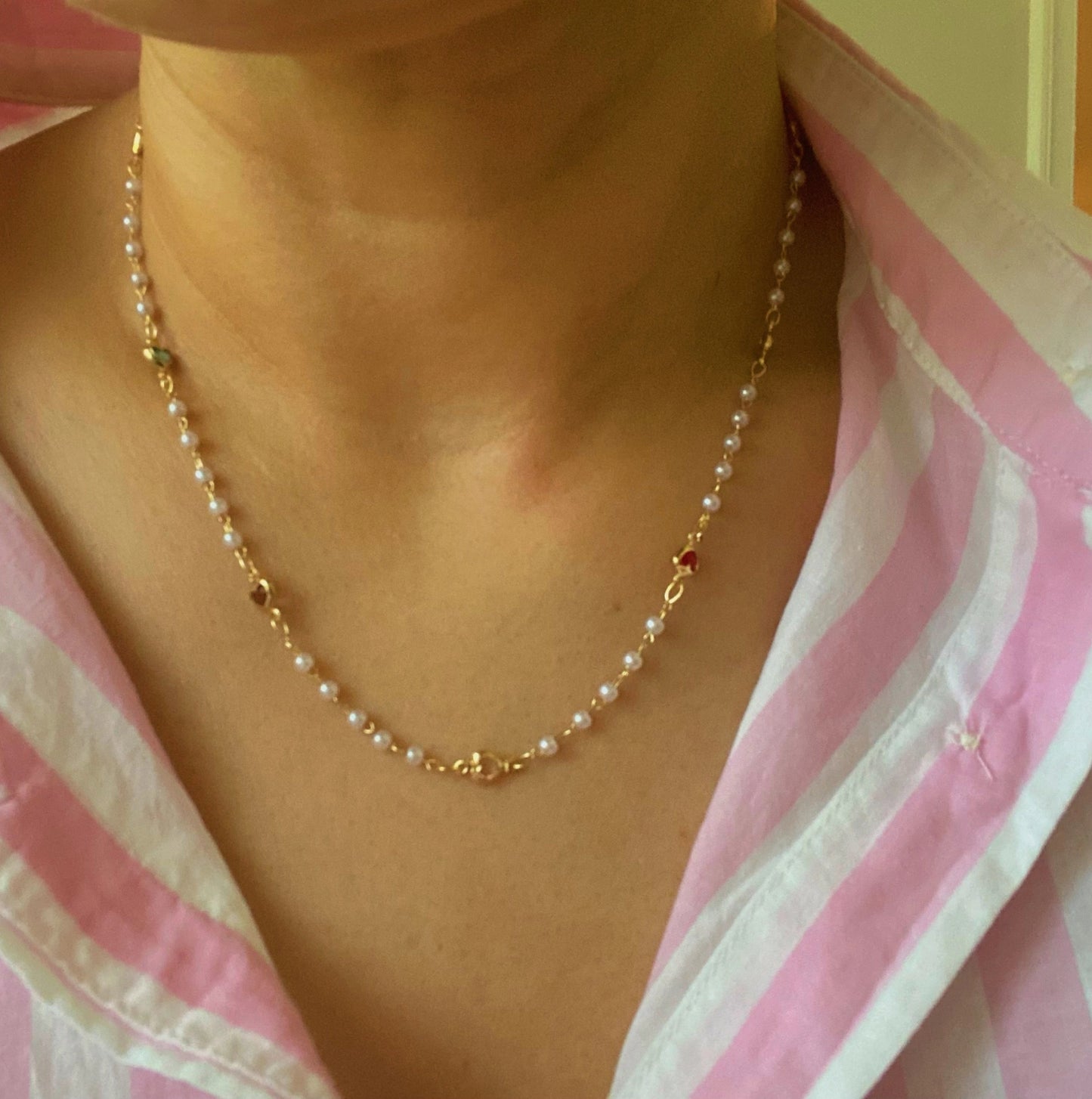 Precious Multi Heart Pearl Chain Necklace